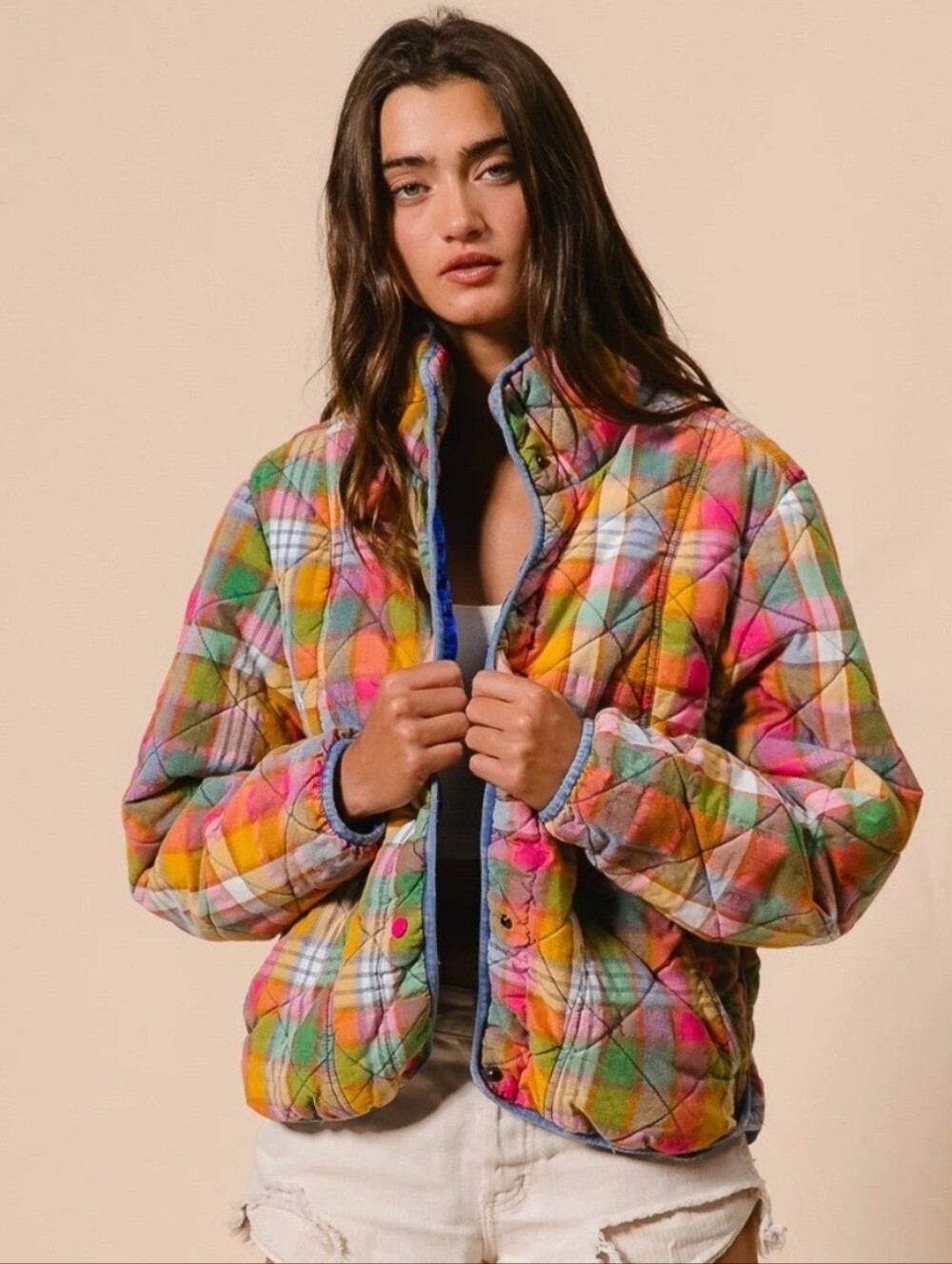 BIBI Bleached Vintage Quilted Plaid Jacket